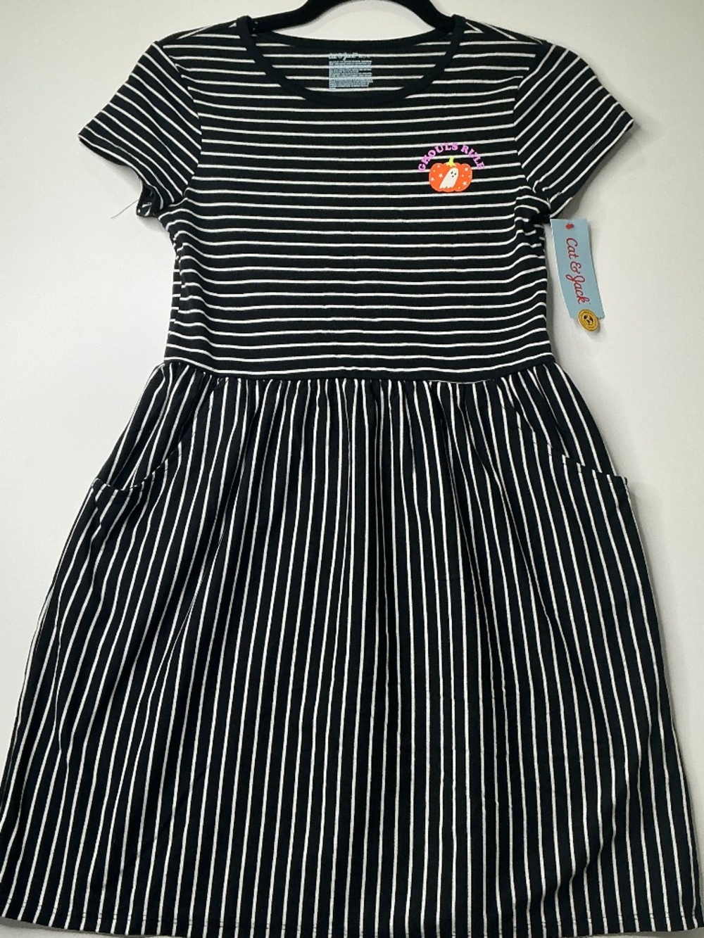 Cat & Jack Kids Dress Black White Striped Halloween Ghouls Rule XL 14 Pockets